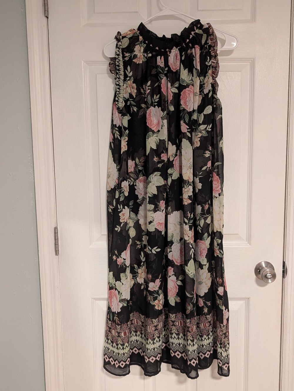 Black Chiffon Pink and White Floral Print Midi Dress